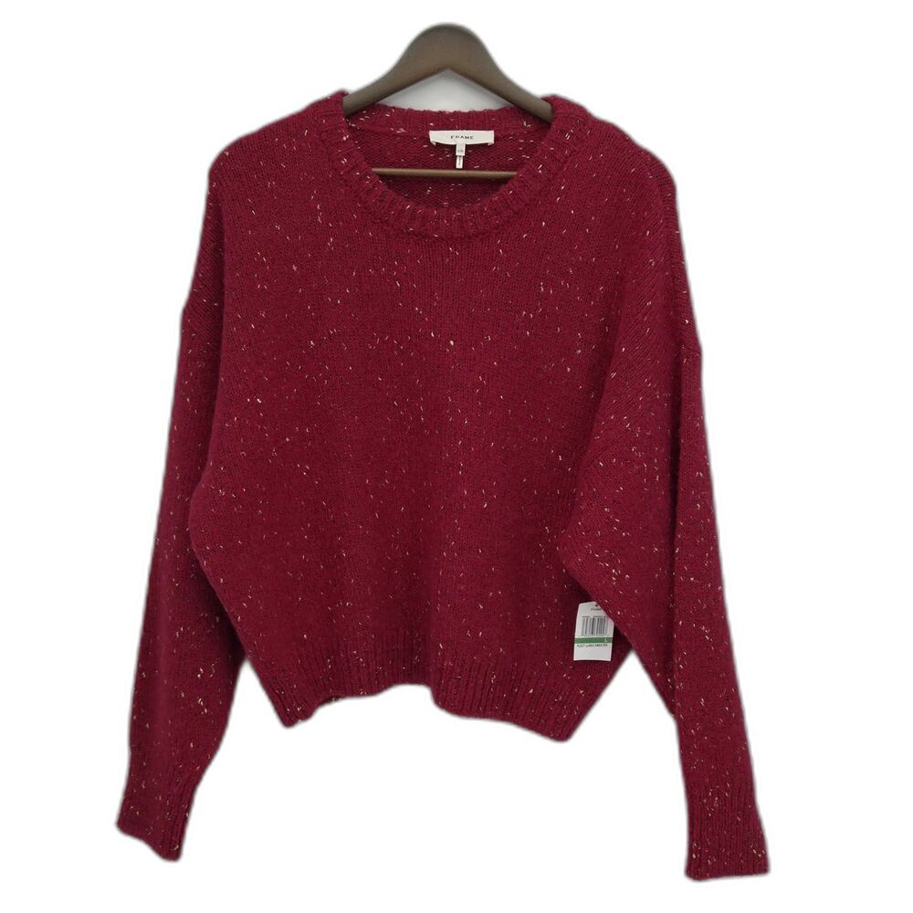 New Frame Fuzzy Lurex Sweater Crewneck Alpaca Virgin Wool Burgundy Gold Large